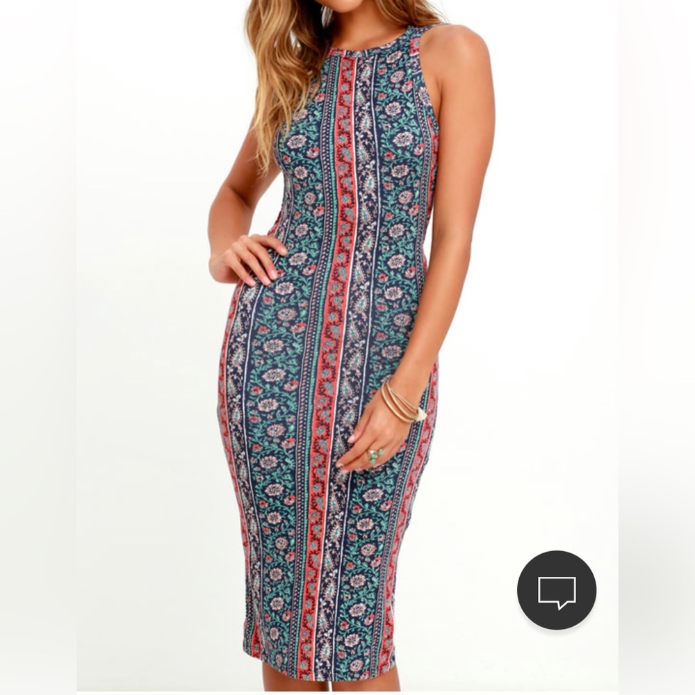 Lulus Kiss The Sky Navy Blue Print Midi Dress, Size Small